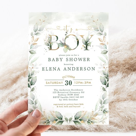Botanische Greenery Gold Garden Boy Baby shower Kaart