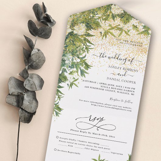 Botanische Greenery Gold Glitter Wedding All In One Uitnodiging