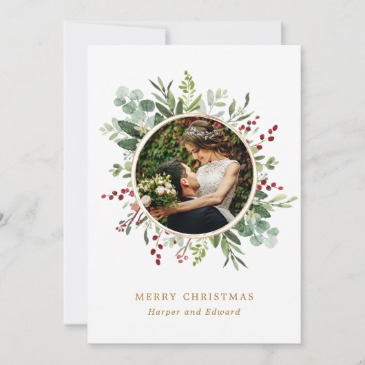 Botanische Greenery Gold Merry-kerstfoto Feestdagenkaart (Voorkant)