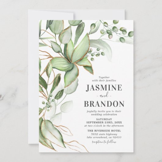 Botanische Greenery Gold Wedding Kaart (Voorkant)