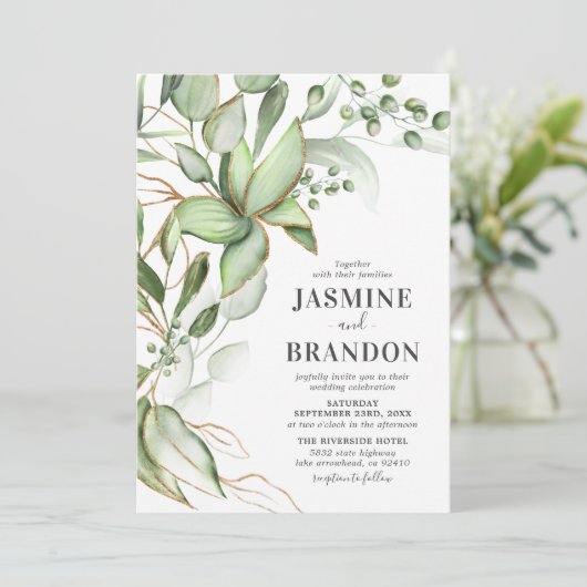 Botanische Greenery Gold Wedding Kaart (Staand voorkant)