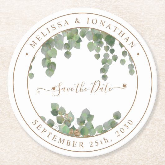 Botanische Greenery Gold Wedding Save the Date Ronde Kartonnen Onderzetter (Voorkant)