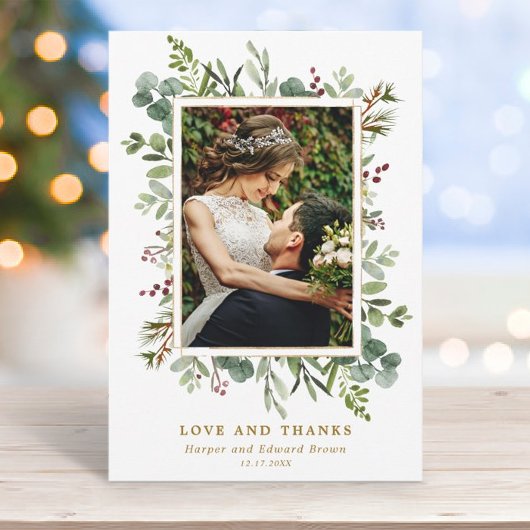 Botanische Greenery Gold Winter Weduwfoto Bedankkaart