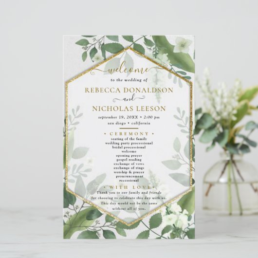 Botanische Greenery Goldish Wedding Programme (Staand voorkant)