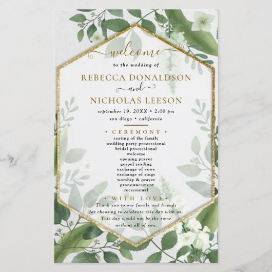 Botanische Greenery Goldish Wedding Programme (Voorkant)