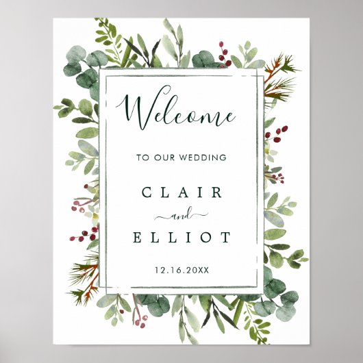 Botanische Greenery kerstbruiloft Welkomstbord Poster (Voorkant)