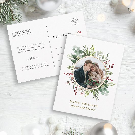 Botanische Greenery-kerstfeestdag met gouden foto Briefkaart