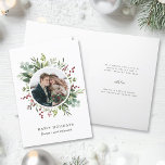 Botanische Greenery kerstfoto Feestdagen Kaart<br><div class="desc">Deze foto kerst | Vakantiegrande kaartkenmerken geschilderd waterverf eucalyptus,  groene bladeren,  rode bessen,  pijnboomtakken en een cirkelfoto met optionele tekst binnenin. Voor meer geavanceerde aanpassing van dit ontwerp,  te klikken gelieve de "pas verder"verbinding aan. Overeenkomende objecten zijn ook beschikbaar.</div>