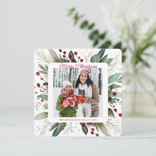 Botanische Greenery kerstfoto Feestdagenkaart (Staand voorkant)