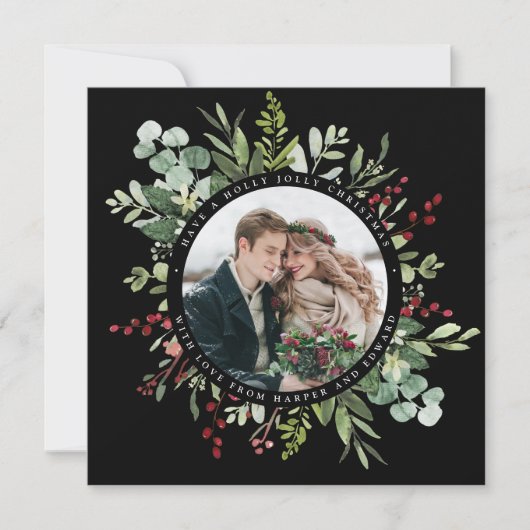 Botanische Greenery kerstfoto Square Black Feestdagenkaart (Voorkant)