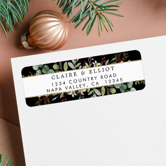 Botanische Greenery Kerstmis Black Return Address Etiket