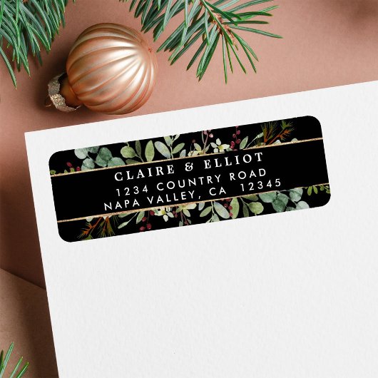 Botanische Greenery Kerstmis Black Return Address  Etiket