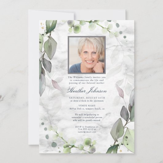 Botanische Greenery Marble Foto van de begrafenis Kaart (Voorkant)