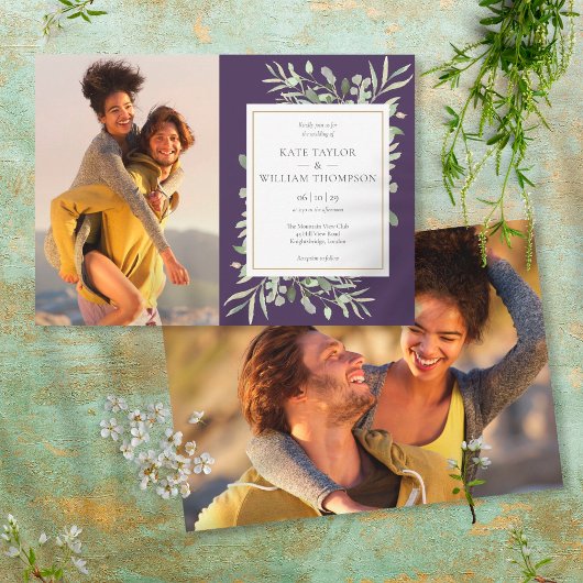 Botanische Greenery Paarse Foto's Weddenschap Kaart