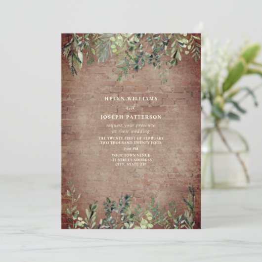 Botanische Greenery Rustic Brick Wedding Kaart (Staand voorkant)