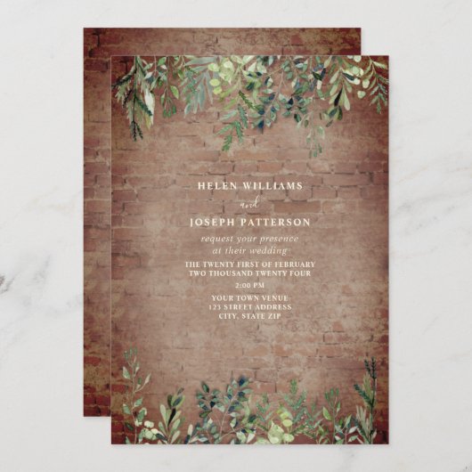 Botanische Greenery Rustic Brick Wedding Kaart (Voorkant / Achterkant)