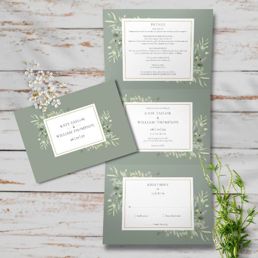 Botanische Greenery Sage Green Photo Wedding Drieluik Uitnodiging