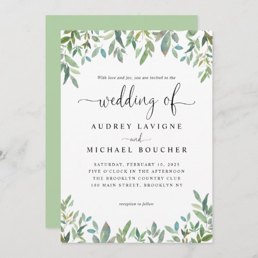 Botanische Greenery Sage Green Wedding Invitation Kaart (Voorkant / Achterkant)