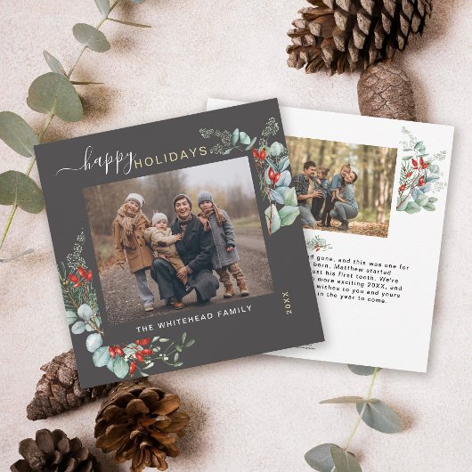 Botanische Greenery Waterverf Elegant Donkergrijs Feestdagenkaart