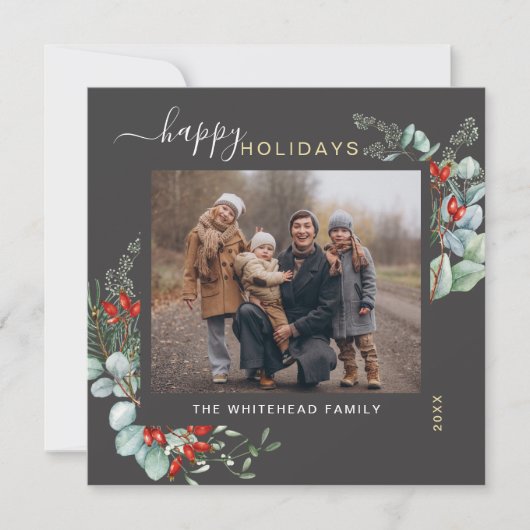 Botanische Greenery Waterverf Elegant Donkergrijs Feestdagenkaart (Voorkant)