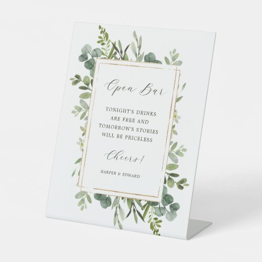 Botanische Greenery Wedding Open Bar Reclamebord Met Voetstuk (Voorkant)