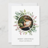 Botanische Greenery Wreath Merry-kerstfoto Feestdagenkaart (Voorkant)