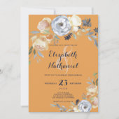 Botanische grijze oranje witte florale bruiloft kaart (Voorkant)