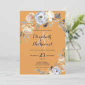 Botanische grijze oranje witte florale bruiloft kaart (Staand voorkant)