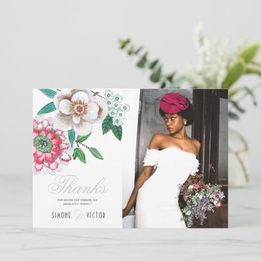 Botanische grijze roze groene Bedankt van Florence Save The Date (Staand voorkant)