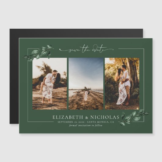 Botanische groen | 3 Foto Wedding Save the Date Magnetische Uitnodiging (Voorkant / Achterkant)