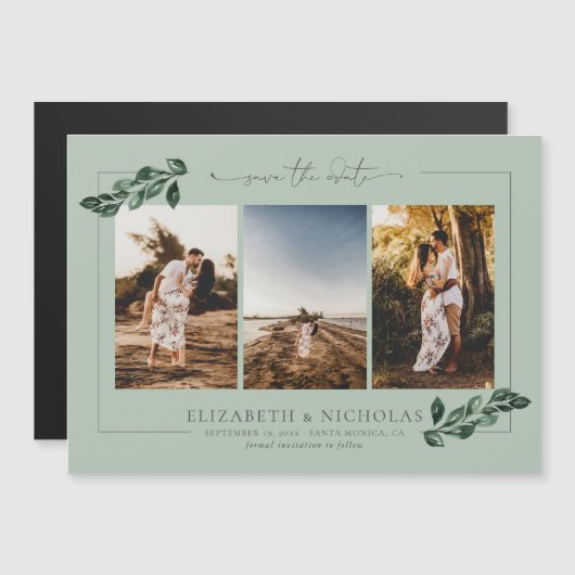 Botanische groen | 3 Foto Wedding Save the Date Magnetische Uitnodiging (Voorkant / Achterkant)