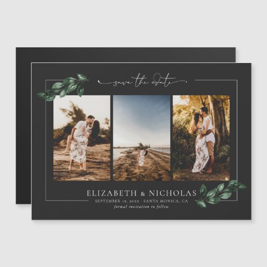 Botanische groen | 3 Foto Wedding Save the Date Magnetische Uitnodiging (Voorkant / Achterkant)