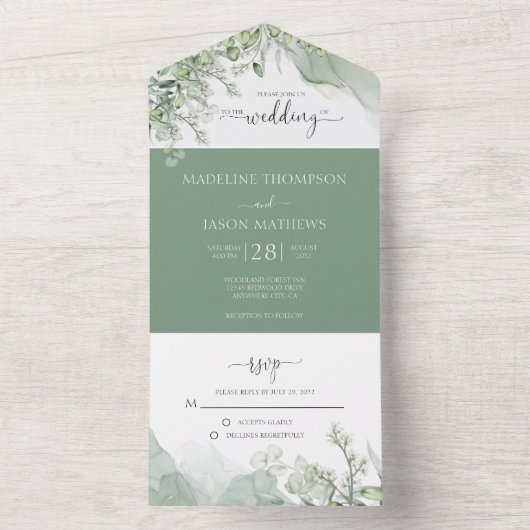 Botanische groen Agate Eucalyptus Wedding All In One Uitnodiging (Binnen)