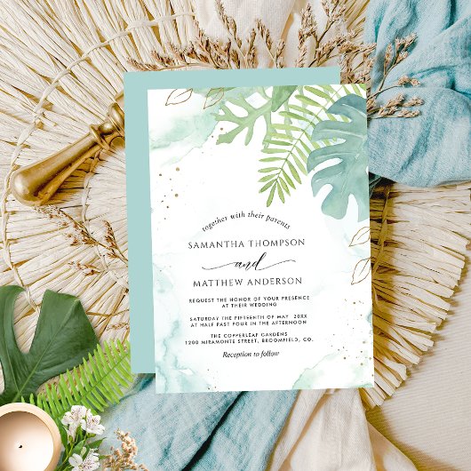 Botanische groen, Aqua Blue Waterverf Wedding Kaart