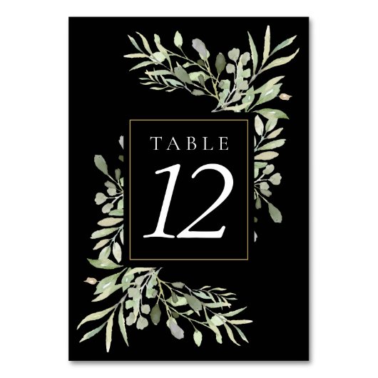 Botanische groen bruiloft zwarte tafel nummers kaart (Achterkant)