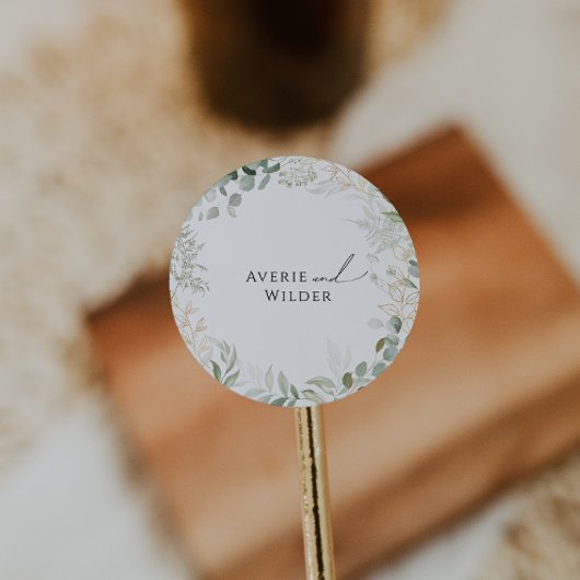 Botanische groen- en gouden bruiloft-envelop ronde sticker