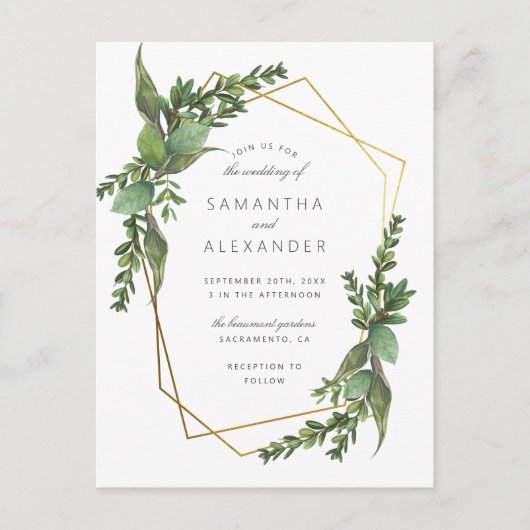 Botanische groen en gouden geometrische bruiloft uitnodiging briefkaart (Voorkant)
