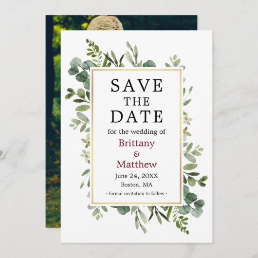 Botanische groen Eucalyptus Burgundy Foto Save The Date (Voorkant / Achterkant)