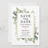 Botanische groen Eucalyptus Burgundy Save The Date (Voorkant)