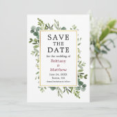 Botanische groen Eucalyptus Burgundy Save The Date (Staand voorkant)
