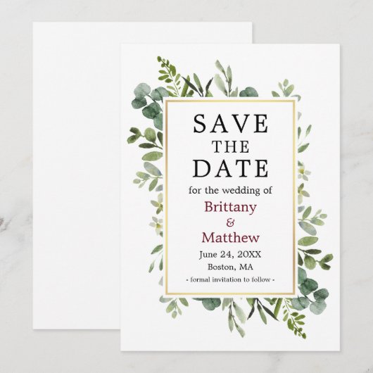 Botanische groen Eucalyptus Burgundy Save The Date (Voorkant / Achterkant)