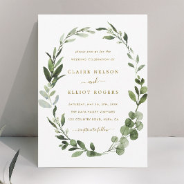 Botanische groen krans gouden bruiloft kaart