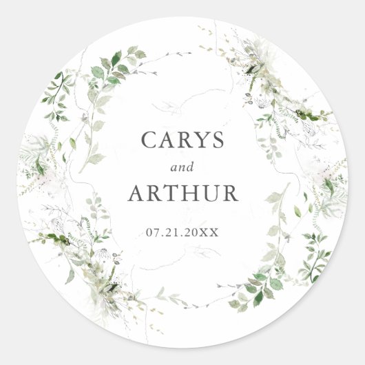 Botanische groen krans moderne bruiloft ronde sticker (Voorkant)