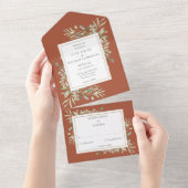 Botanische groen laat terracotta Wedding All In One Uitnodiging (Afscheurbaar)