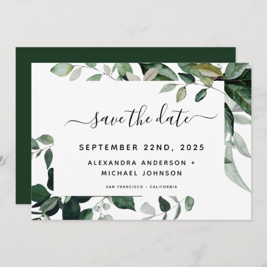 Botanische groen loof Waterverf bruiloft opslaan Save The Date (Voorkant / Achterkant)