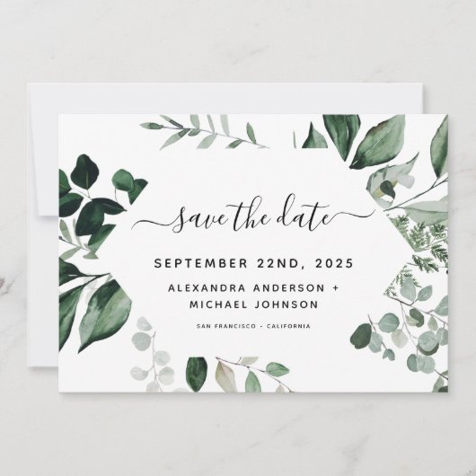 Botanische groen loof Waterverf bruiloft opslaan Save The Date (Voorkant)