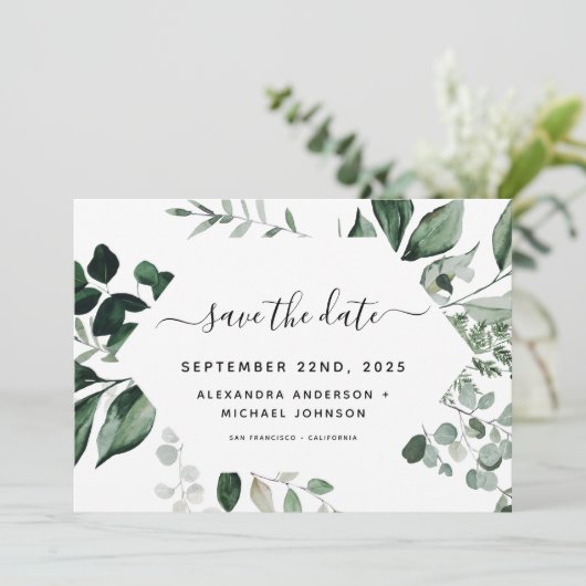 Botanische groen loof Waterverf bruiloft opslaan Save The Date (Staand voorkant)