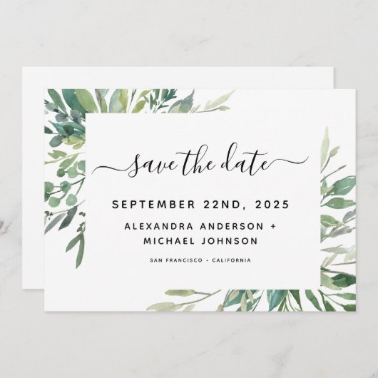 Botanische groen loof Waterverf bruiloft opslaan Save The Date (Voorkant / Achterkant)