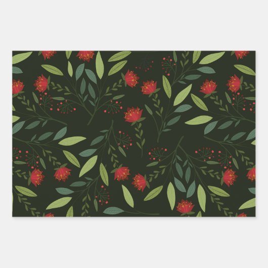 Botanische groen rood en groene kerst inpakpapier vel (Voorkant)