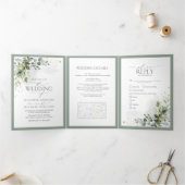 Botanische groen Waterverf maalt bruiloft Drieluik Uitnodiging (Binnen)